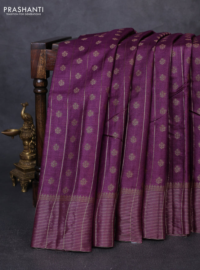 Banarasi tussar silk saree wine shade with allover thread & zari weaves & buttas and zari woven border