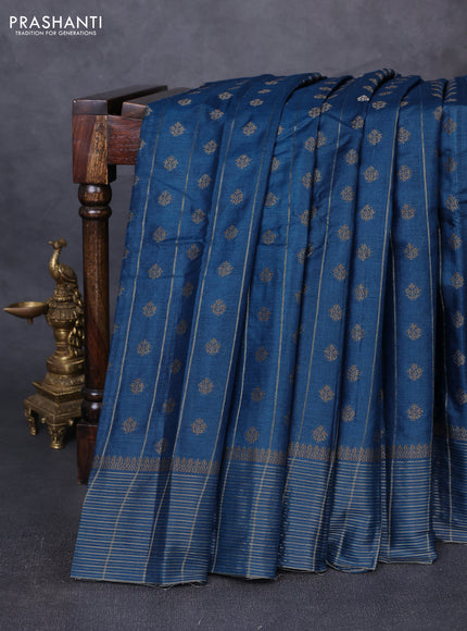 Banarasi tussar silk saree peacock blue with allover thread & zari weaves & buttas and zari woven border