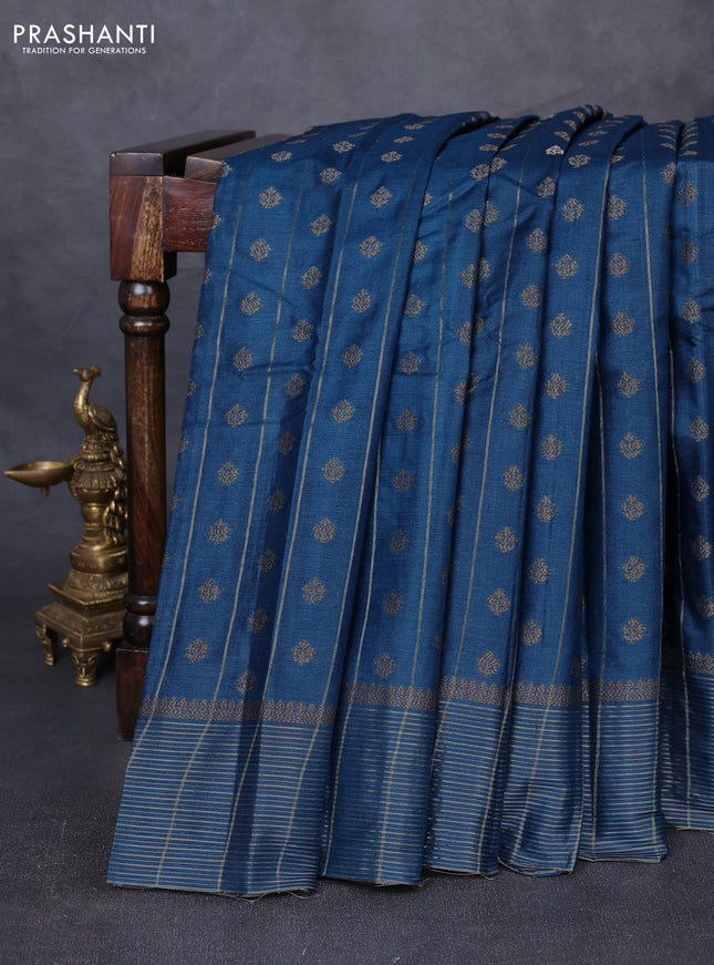 Banarasi tussar silk saree peacock blue with allover thread & zari weaves & buttas and zari woven border