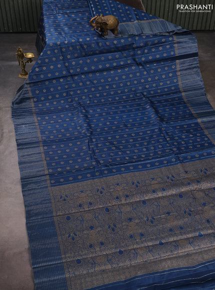 Banarasi tussar silk saree peacock blue with allover thread & zari weaves & buttas and zari woven border