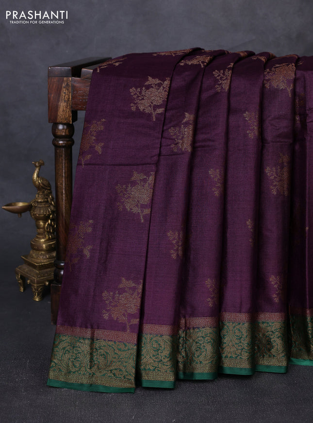 Banarasi tussar silk saree wine shade and green with thread & zari woven buttas and woven border