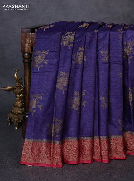 Banarasi tussar silk saree navy blue and maroon with thread & zari woven buttas and woven border