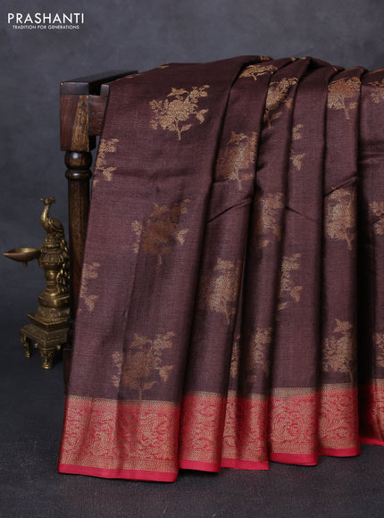 Banarasi tussar silk saree brown and maroon with thread & zari woven buttas and woven border