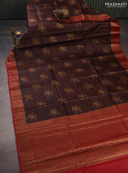 Banarasi tussar silk saree brown and maroon with thread & zari woven buttas and woven border