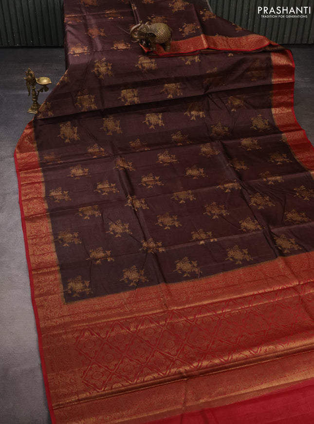 Banarasi tussar silk saree brown and maroon with thread & zari woven buttas and woven border