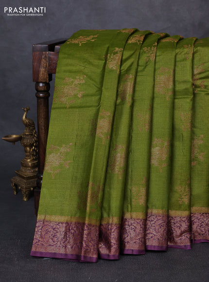 Banarasi tussar silk saree mehendi green and wine shade with thread & zari woven buttas and woven border