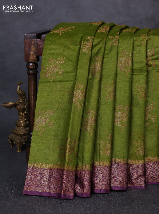 Banarasi tussar silk saree mehendi green and wine shade with thread & zari woven buttas and woven border