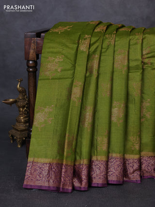 Banarasi tussar silk saree mehendi green and wine shade with thread & zari woven buttas and woven border