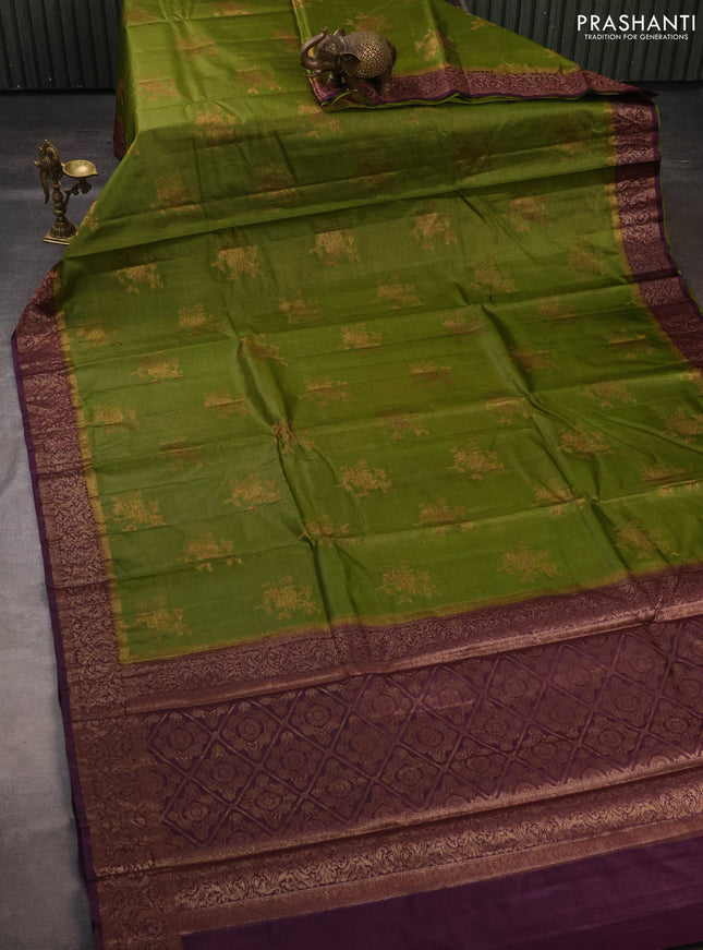 Banarasi tussar silk saree mehendi green and wine shade with thread & zari woven buttas and woven border
