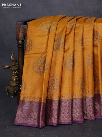 Banarasi tussar silk saree dark mustard and wine shade with thread & zari woven buttas and woven border