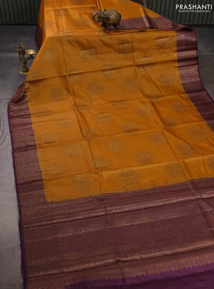 Banarasi tussar silk saree dark mustard and wine shade with thread & zari woven buttas and woven border