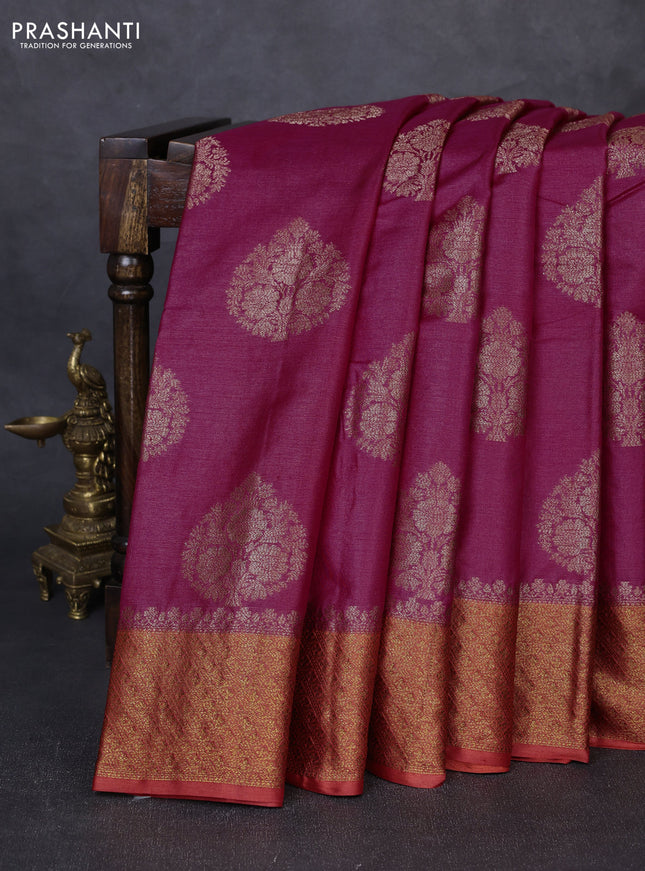 Banarasi tussar silk saree pink and rust shade with thread & zari woven buttas and woven border