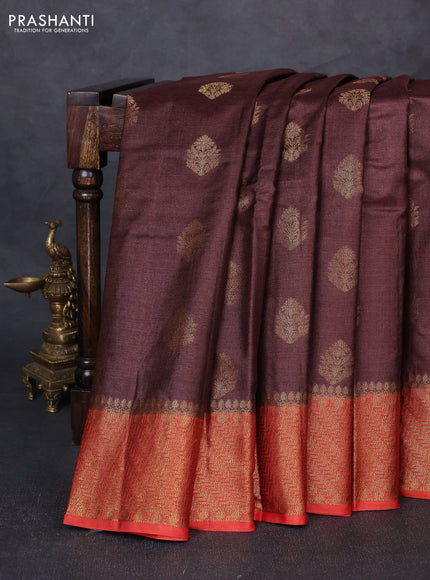 Banarasi tussar silk saree brown and rust shade with thread & zari woven buttas and woven border