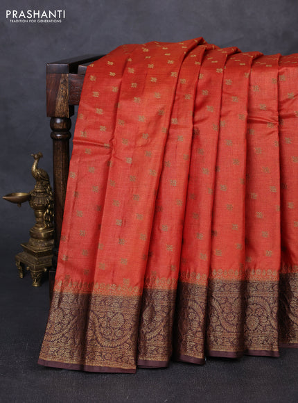 Banarasi tussar silk saree rust shade and coffee brown with thread & zari woven buttas and woven border