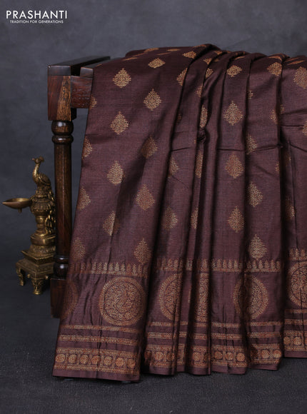 Banarasi tussar silk saree coffee brown with allover thread & zari woven buttas and rettapet woven butta border