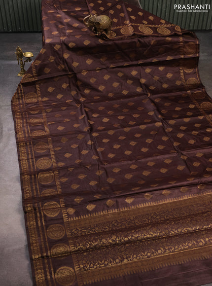 Banarasi tussar silk saree coffee brown with allover thread & zari woven buttas and rettapet woven butta border