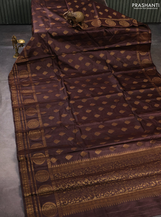 Banarasi tussar silk saree coffee brown with allover thread & zari woven buttas and rettapet woven butta border