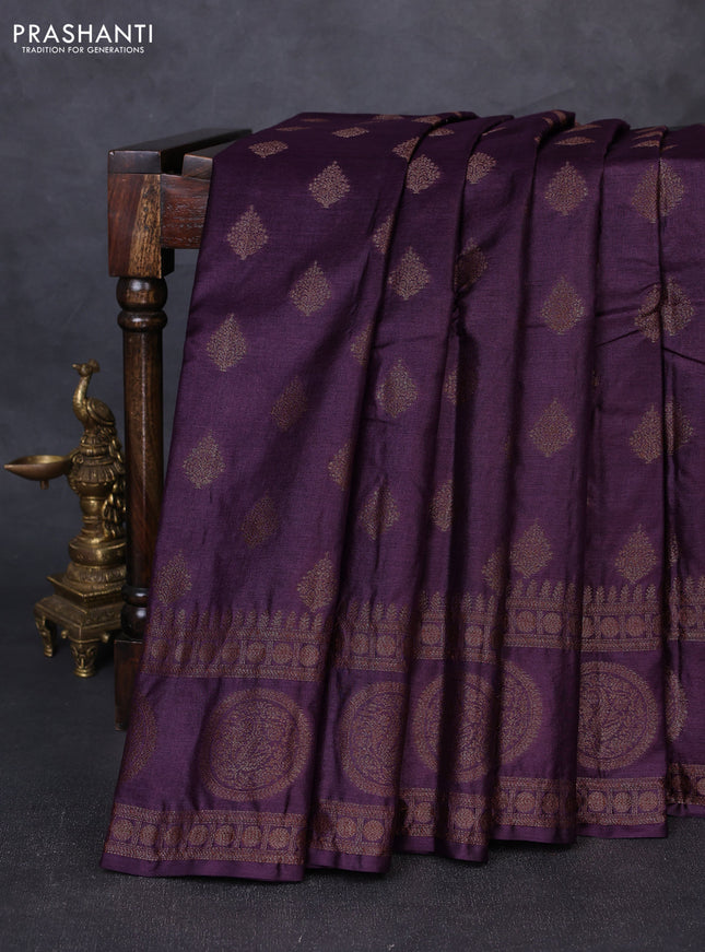 Banarasi tussar silk saree wine shade with allover thread & zari woven buttas and rettapet woven butta border