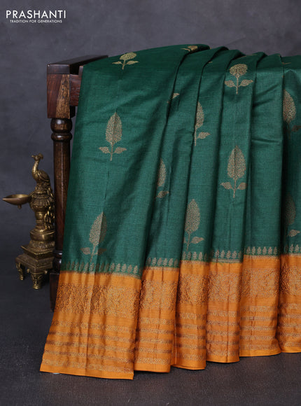 Banarasi tussar silk saree green and mustard yellow with allover thread & zari woven buttas and long woven border