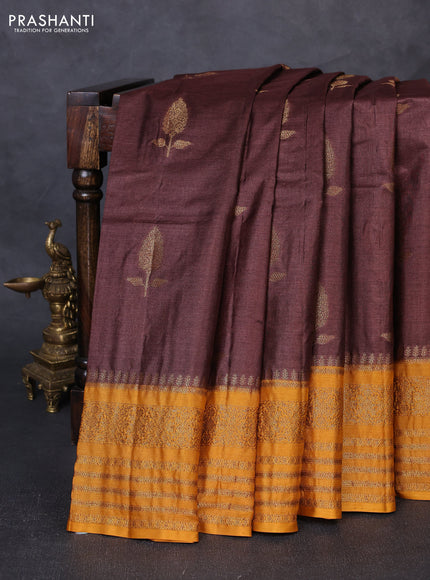 Banarasi tussar silk saree brown and mustard yellow with allover thread & zari woven buttas and long woven border