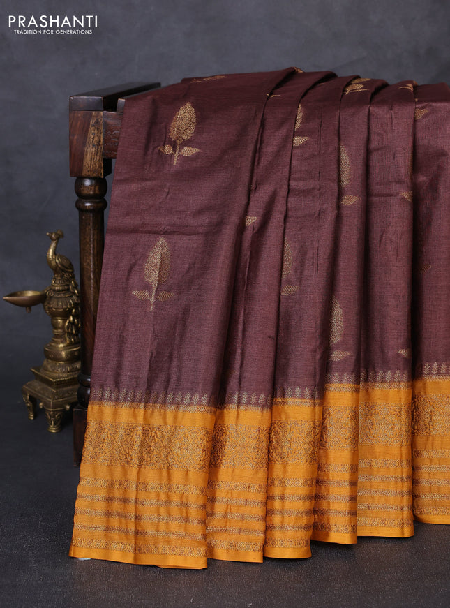 Banarasi tussar silk saree brown and mustard yellow with allover thread & zari woven buttas and long woven border