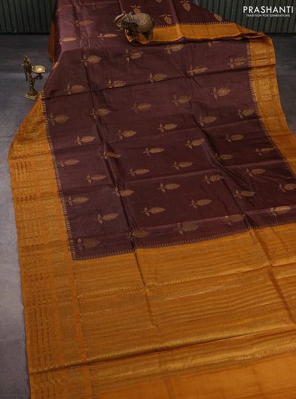 Banarasi tussar silk saree brown and mustard yellow with allover thread & zari woven buttas and long woven border
