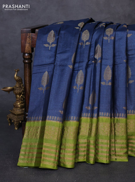 Banarasi tussar silk saree bluish grey and mehendi green with allover thread & zari woven buttas and long woven border
