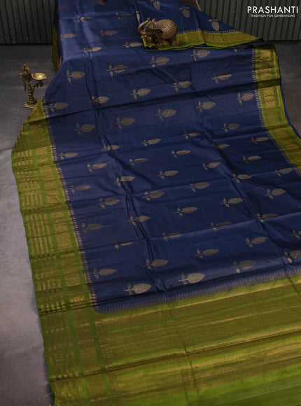 Banarasi tussar silk saree bluish grey and mehendi green with allover thread & zari woven buttas and long woven border