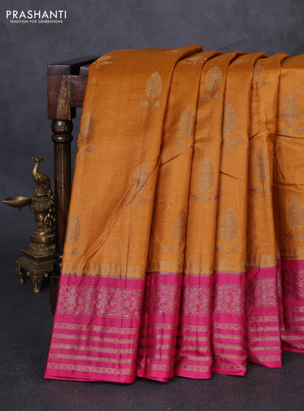 Banarasi tussar silk saree mustard yellow and pink with allover thread & zari woven buttas and long woven border