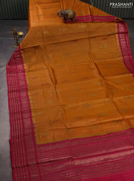 Banarasi tussar silk saree mustard yellow and pink with allover thread & zari woven buttas and long woven border