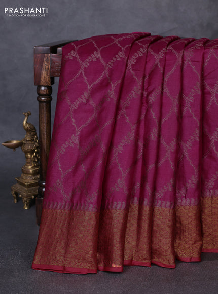 Banarasi tussar silk saree magenta pink and maroon with allover thread & zari weaves and woven border