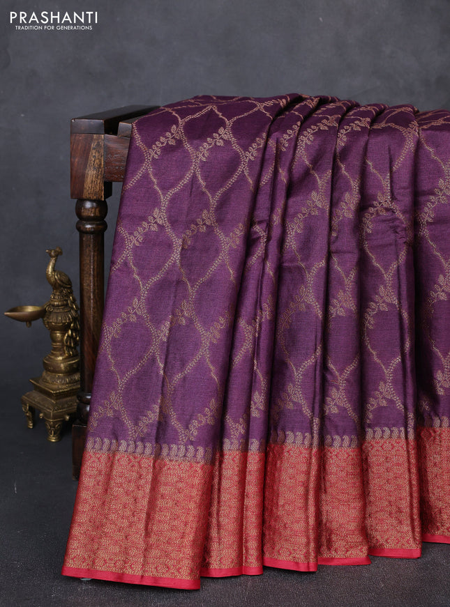 Banarasi tussar silk saree wine shade and maroon with allover thread & zari weaves and woven border