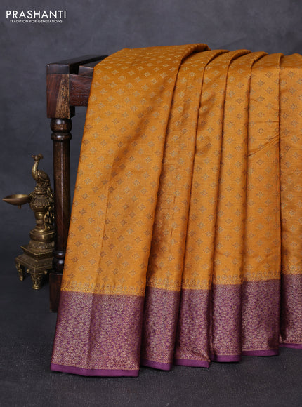 Banarasi tussar silk saree mustard yellow and wine shade with allover thread & zari woven buttas and small woven border