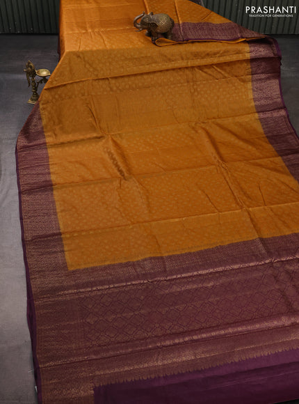 Banarasi tussar silk saree mustard yellow and wine shade with allover thread & zari woven buttas and small woven border