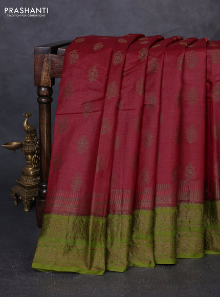 Banarasi tussar silk saree maroon and mehendi green with allover thread & zari woven buttas and temple design woven border