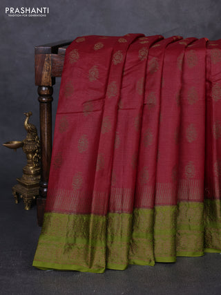 Banarasi tussar silk saree maroon and mehendi green with allover thread & zari woven buttas and temple design woven border