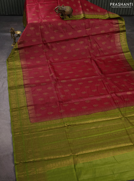Banarasi tussar silk saree maroon and mehendi green with allover thread & zari woven buttas and temple design woven border