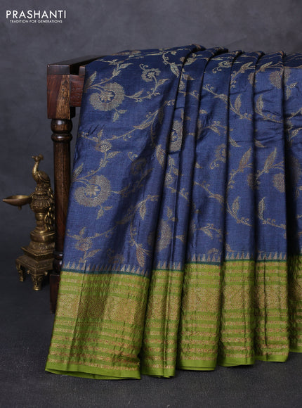 Banarasi tussar silk saree peacock blue and mehendi green with allover thread & zari weaves and long temple design woven border