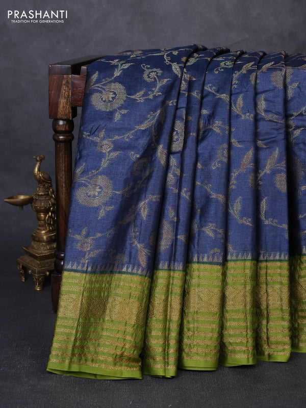 Banarasi tussar silk saree peacock blue and mehendi green with allover thread & zari weaves and long temple design woven border