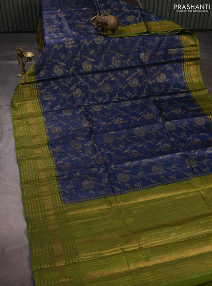 Banarasi tussar silk saree peacock blue and mehendi green with allover thread & zari weaves and long temple design woven border