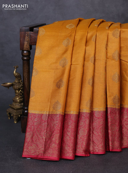 Banarasi tussar silk saree dark mustard and maroon with allover thread & zari woven buttas and long woven border