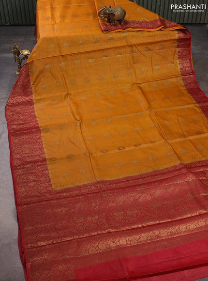 Banarasi tussar silk saree dark mustard and maroon with allover thread & zari woven buttas and long woven border