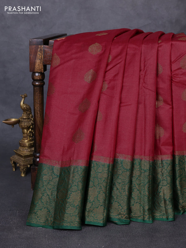 Banarasi tussar silk saree red and green with allover thread & zari woven buttas and long woven border