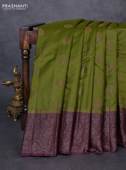 Banarasi tussar silk saree mehendi green and wine shade with allover thread & zari woven buttas and long woven border