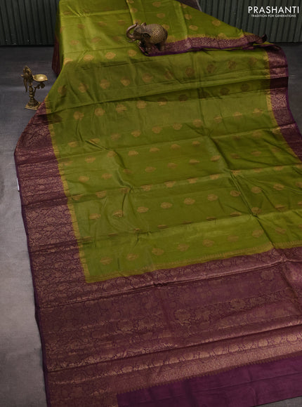 Banarasi tussar silk saree mehendi green and wine shade with allover thread & zari woven buttas and long woven border