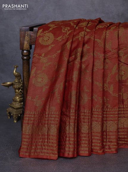 Banarasi tussar silk saree rust shade with allover thread & zari weaves and long temple design woven border