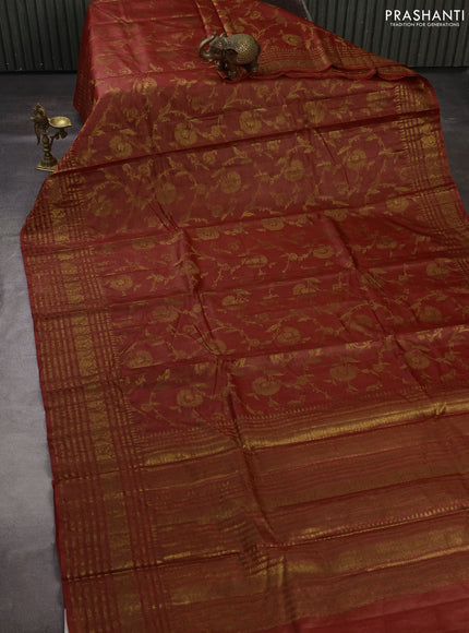 Banarasi tussar silk saree rust shade with allover thread & zari weaves and long temple design woven border
