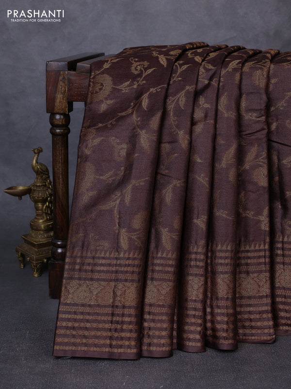 Banarasi tussar silk saree coffee brown with allover thread & zari weaves and long temple design woven border