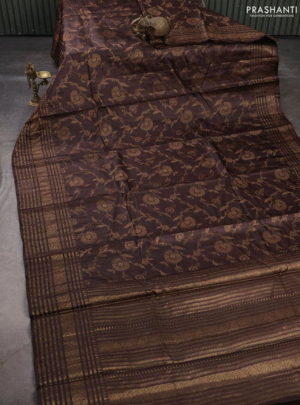 Banarasi tussar silk saree coffee brown with allover thread & zari weaves and long temple design woven border
