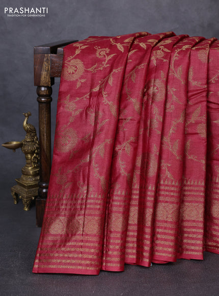 Banarasi tussar silk saree maroon with allover thread & zari weaves and long temple design woven border